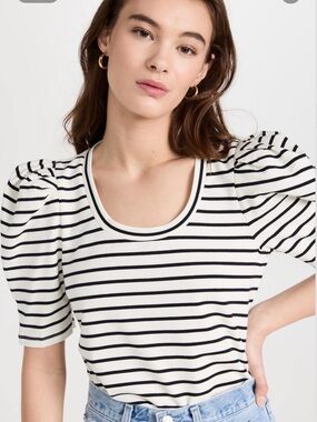English Factory Stripe Pleated Puff Sleeve Top